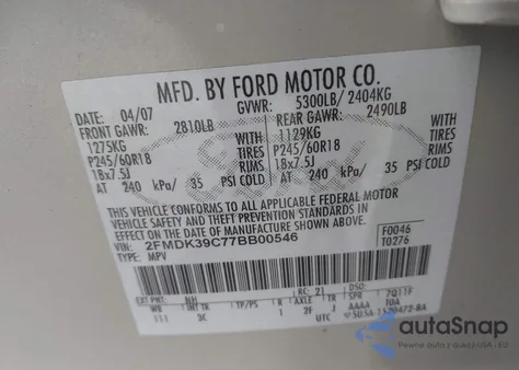 2007 Ford Edge Sel Plus from USA, damaged, VIN 2FMDK39C77BB00546
